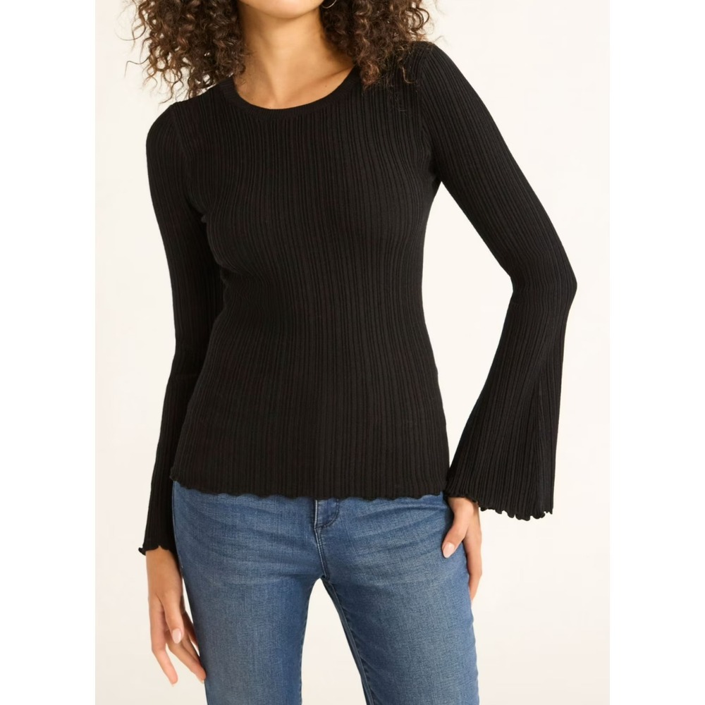 Sofia Jeans Womens Ribbed Sweater with Long Bell Sleeves Lightweight Black Sz S